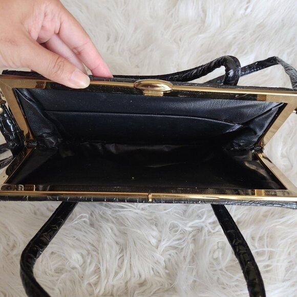 Vintage Croc Embossed Leather Satchel Top Handled Shoulder Crossbody Bag Gold - Picture 11 of 15